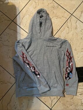 Chrome Hearts Gray Hoodie with Red and Black Flame Sleeve Graphics